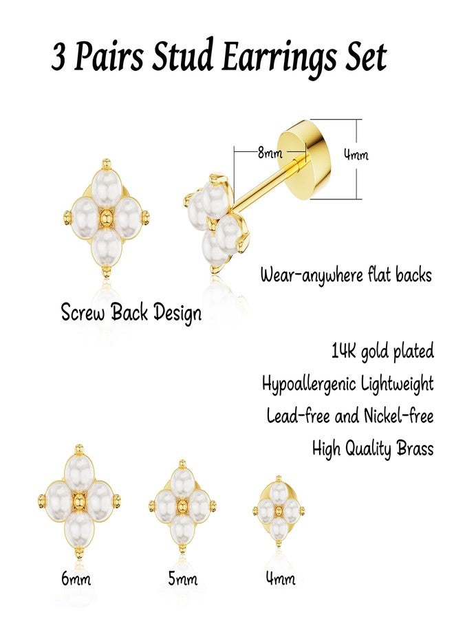 Robaice 3 Pairs Small Flat Back Pearl Stud Earrings for Women-14K Gold Plated Hypoallergenic Dainty Screw Flatback Earring Set Post Pierced Pearl Studs Stacks Gold Jewelry Gifts - Image 3